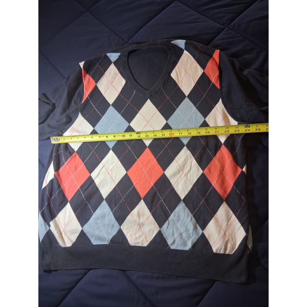 Brooks Brothers 346 Mens XXL Argyle V-Neck Sweater Cotton Cashmere Navy Blue - Picture 2 of 6